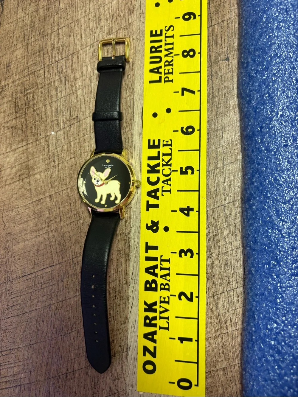 KATE SPADE Metro Black Gold Bulldog Puppy Dog Leather Watch